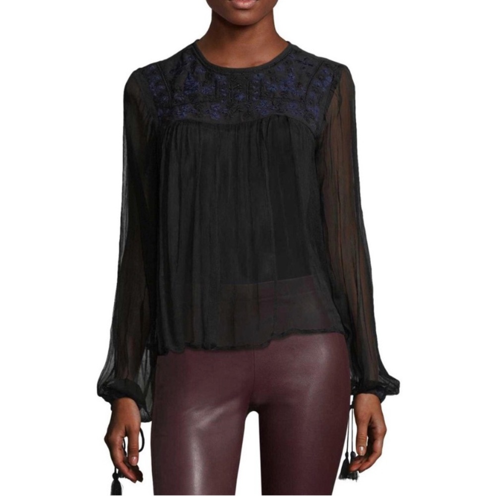 Free People Black Sheer Long-Sleeve Embroidered Yoke Top